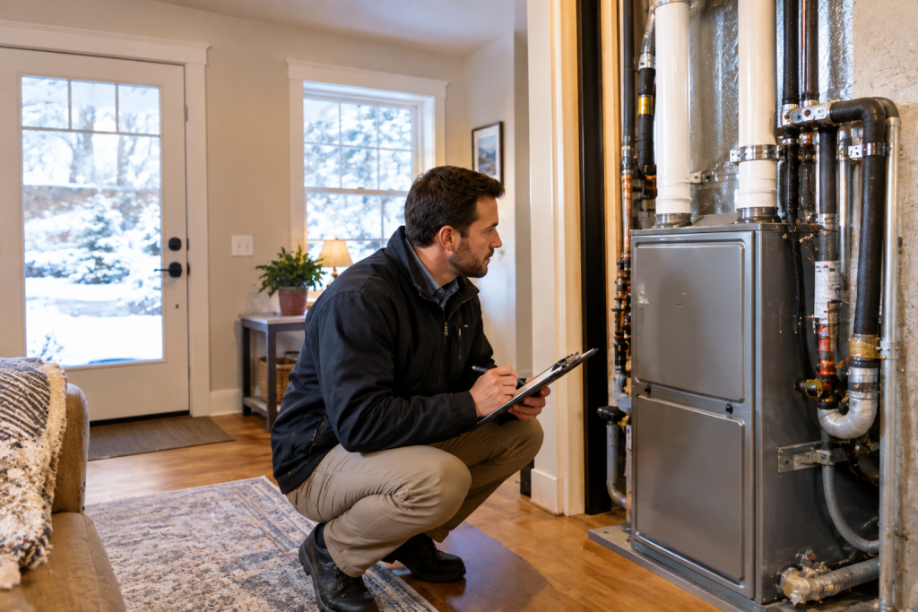 Professional property manager conducting winter maintenance inspection at New Hampshire rental