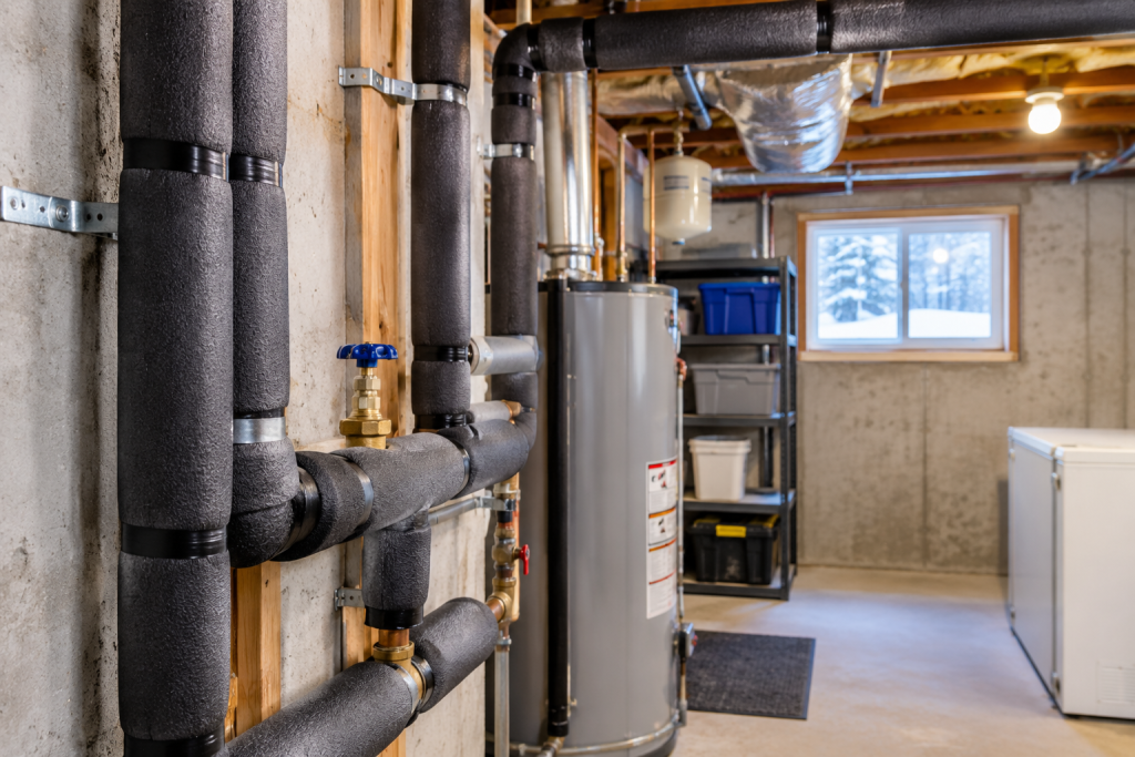 Insulated plumbing pipes in basement to prevent frozen pipes in New Hampshire rental property